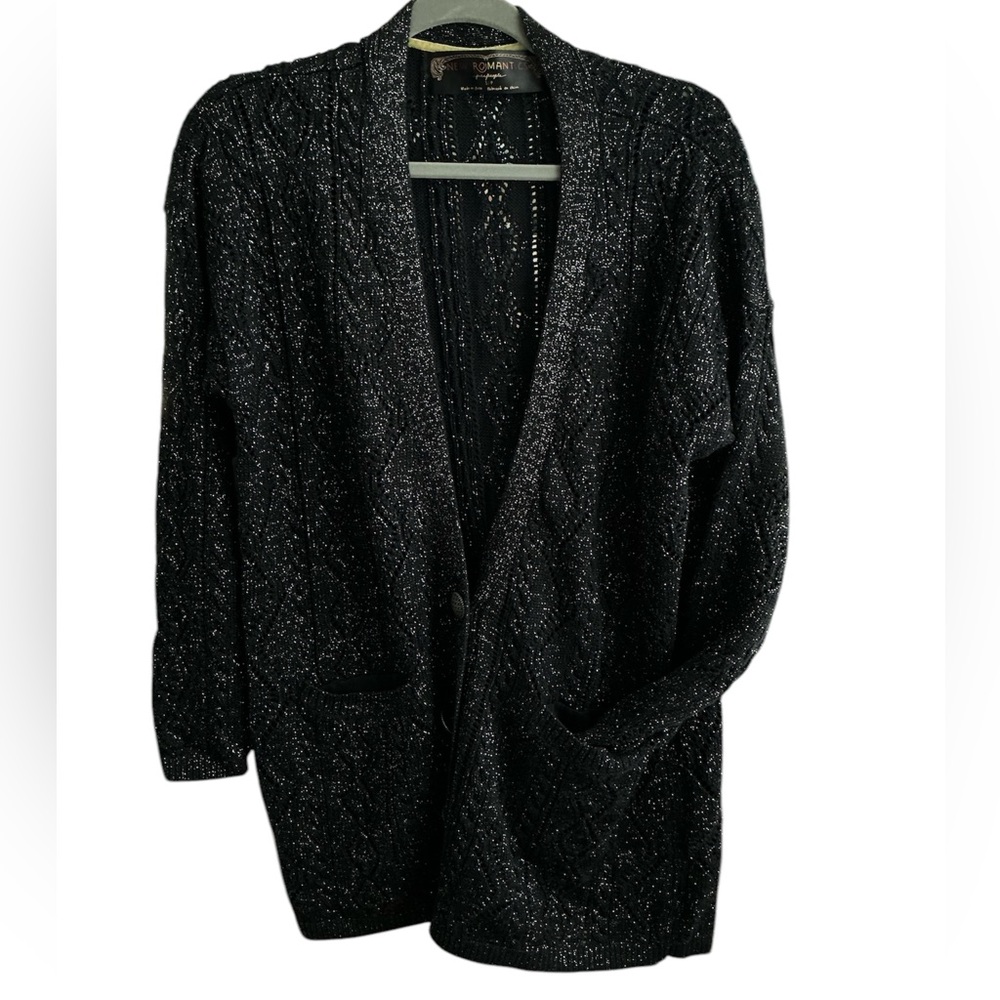 Free People New Romantics Sweater Black Sparkle Cardigan Oversized Small Petite